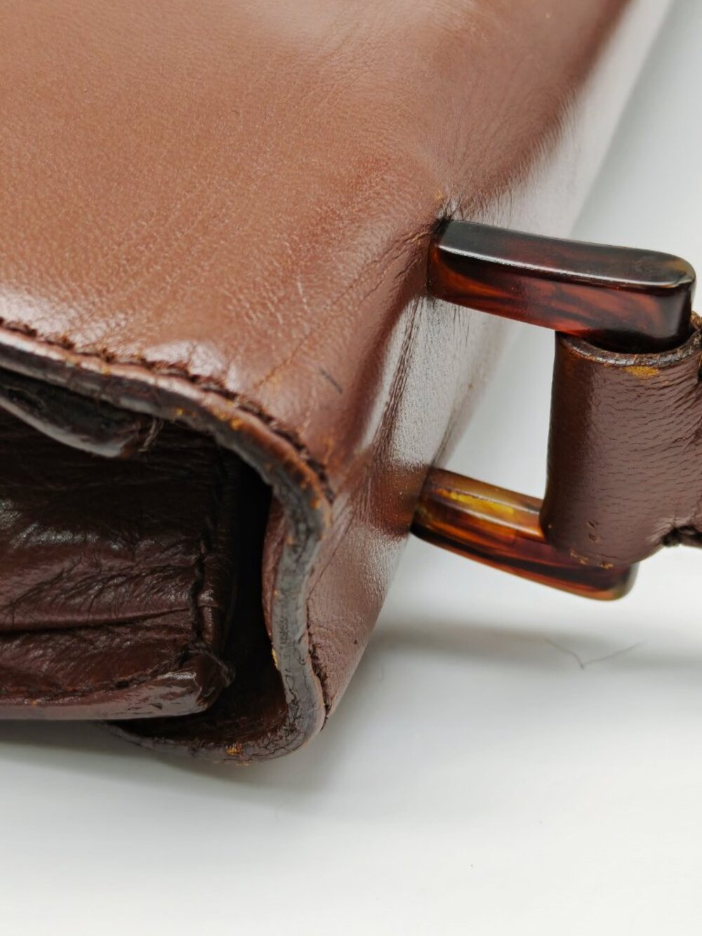 Vintage Prada Brown Leather Shoulder Bag Flap Clasp Logo Purse - Picture 9 of 14